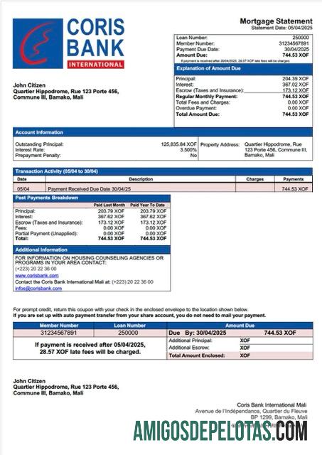 realista Modelo Word e PDF de declaração de hipoteca do Mali Coris Bank International Mali